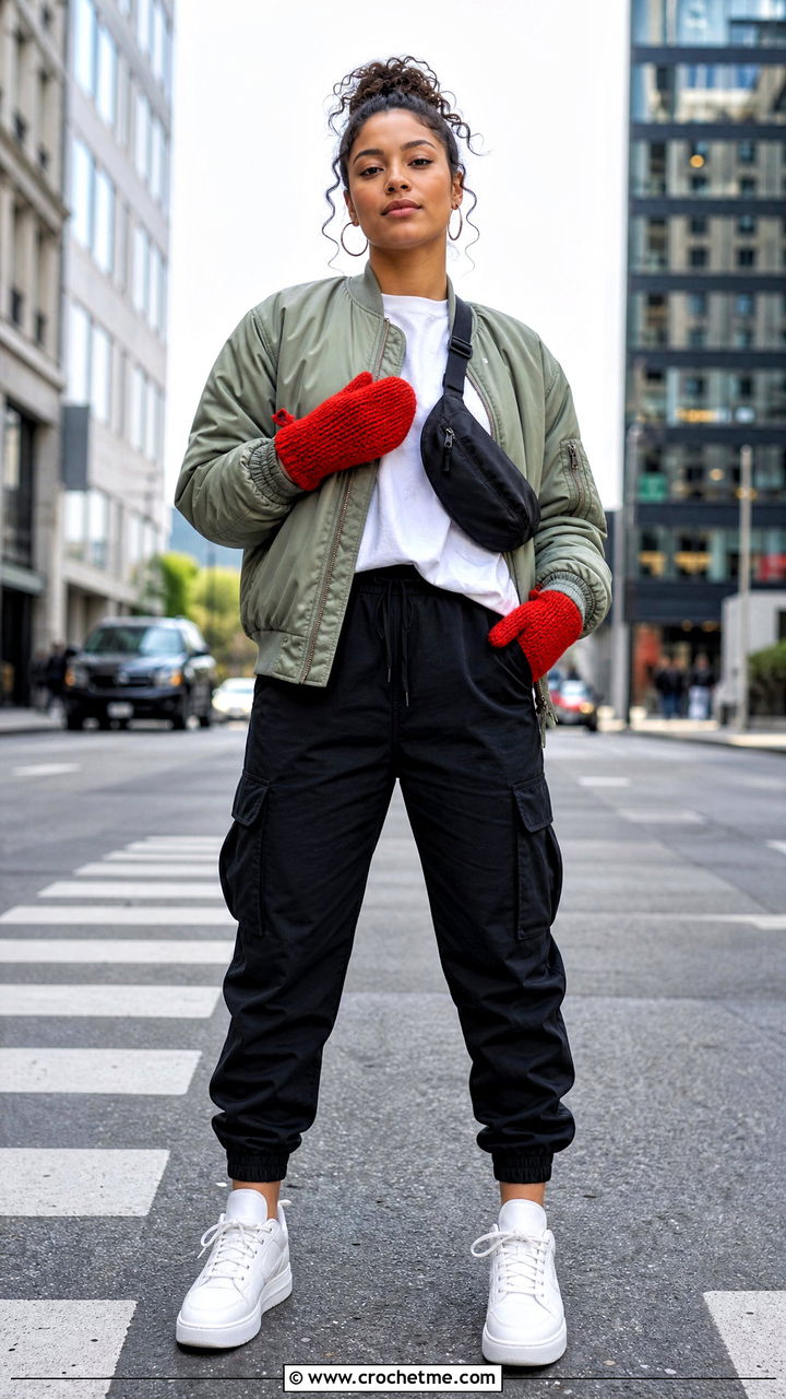 Tunisian Crochet Mittens With Bomber Jacket - 35 crochet mittens outfit ideas