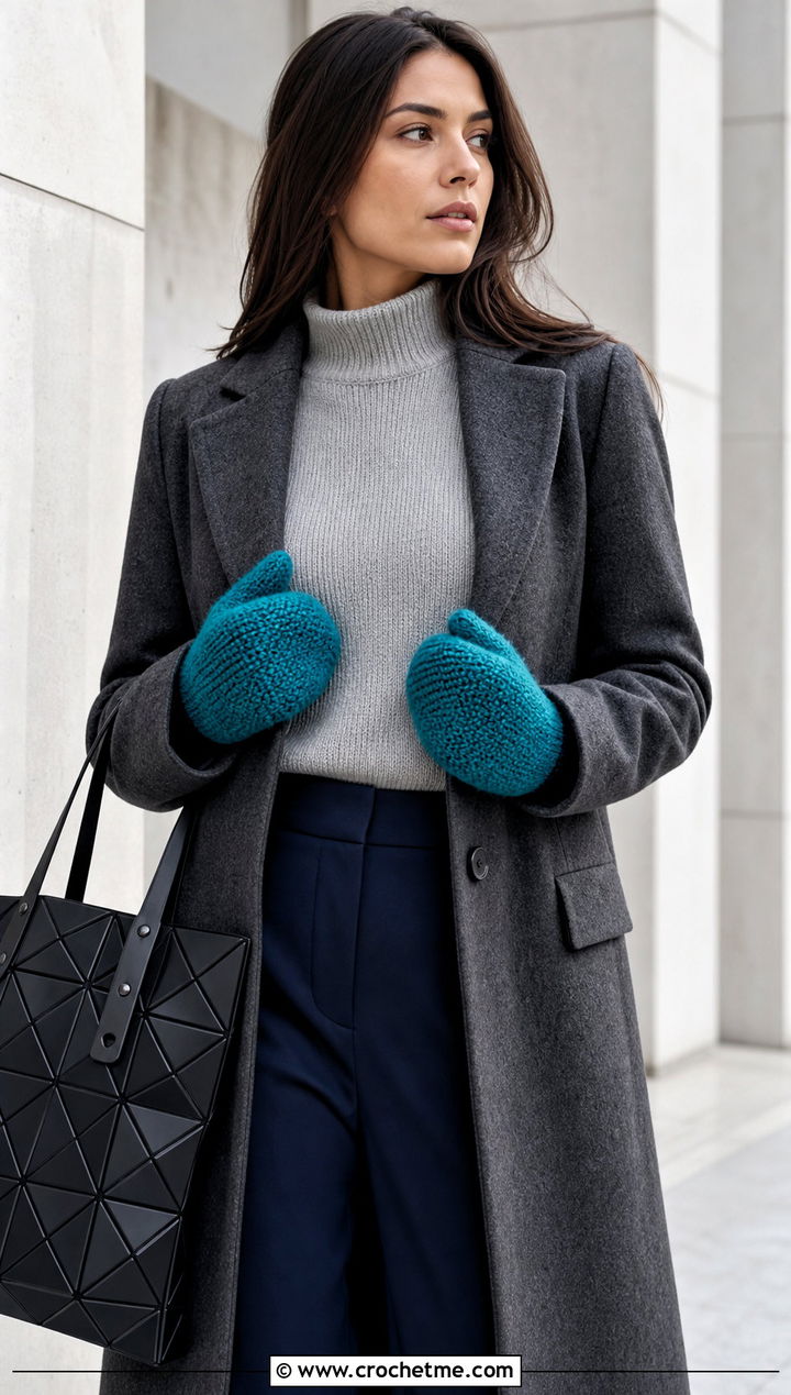 Tunisian Crochet Mittens With Long Coat - 25 women crochet mittens outfit ideas