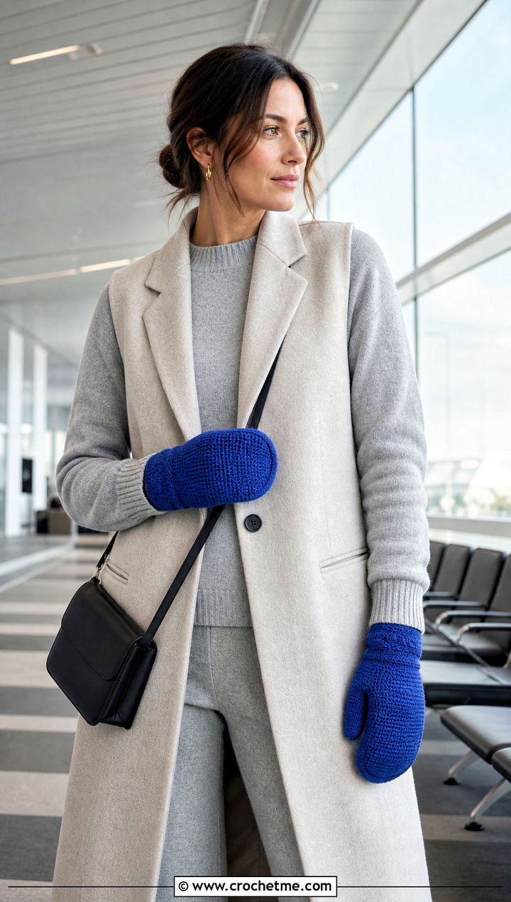 Tunisian Crochet Mittens With Longline Vest And Knit Pants - 25 Easy Crocheted Mittens outfit ideas