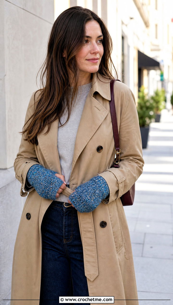 Tunisian Crochet Mittens With Trench Coat - 15 vintage crochet mitten outfit ideas