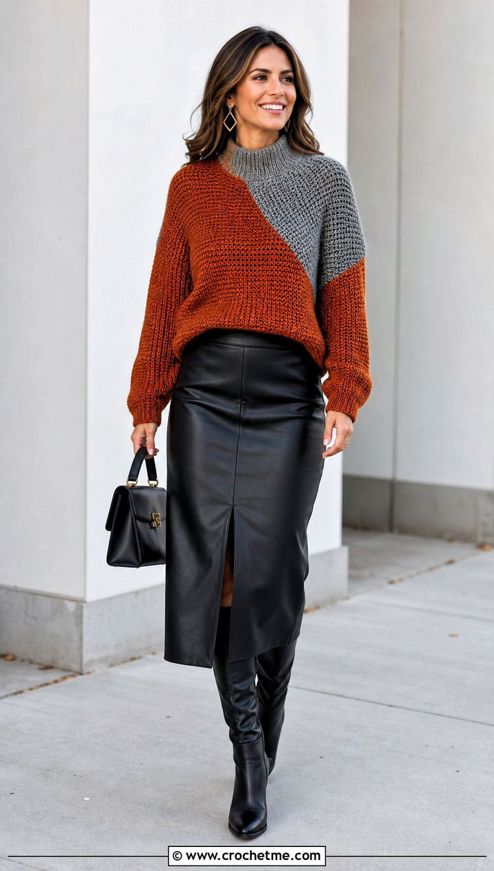 Tunisian Crochet Mock Neck Sweater With Leather Midi Skirt - 15 Orange And Gray Crochet Sweater outfit ideas
