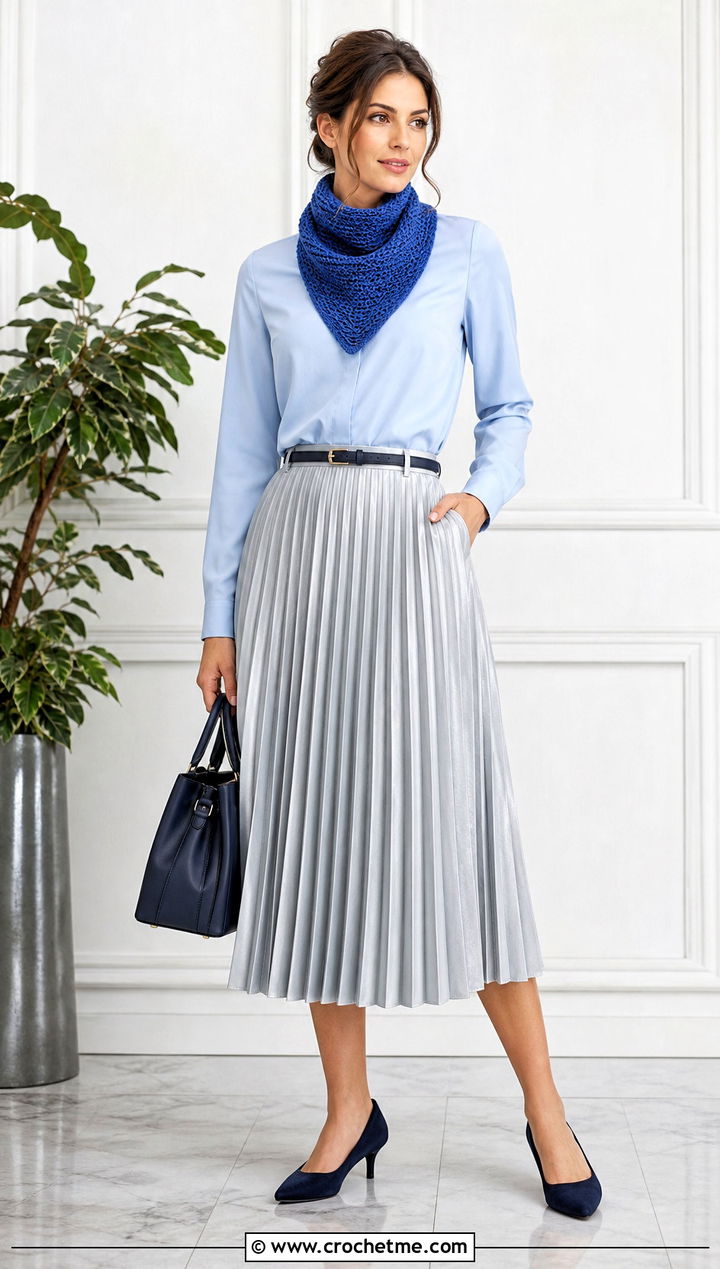 Tunisian Crochet Neckerchief With Blouse And Pleated Midi Skirt - 35 small crochet scarf outfit ideas