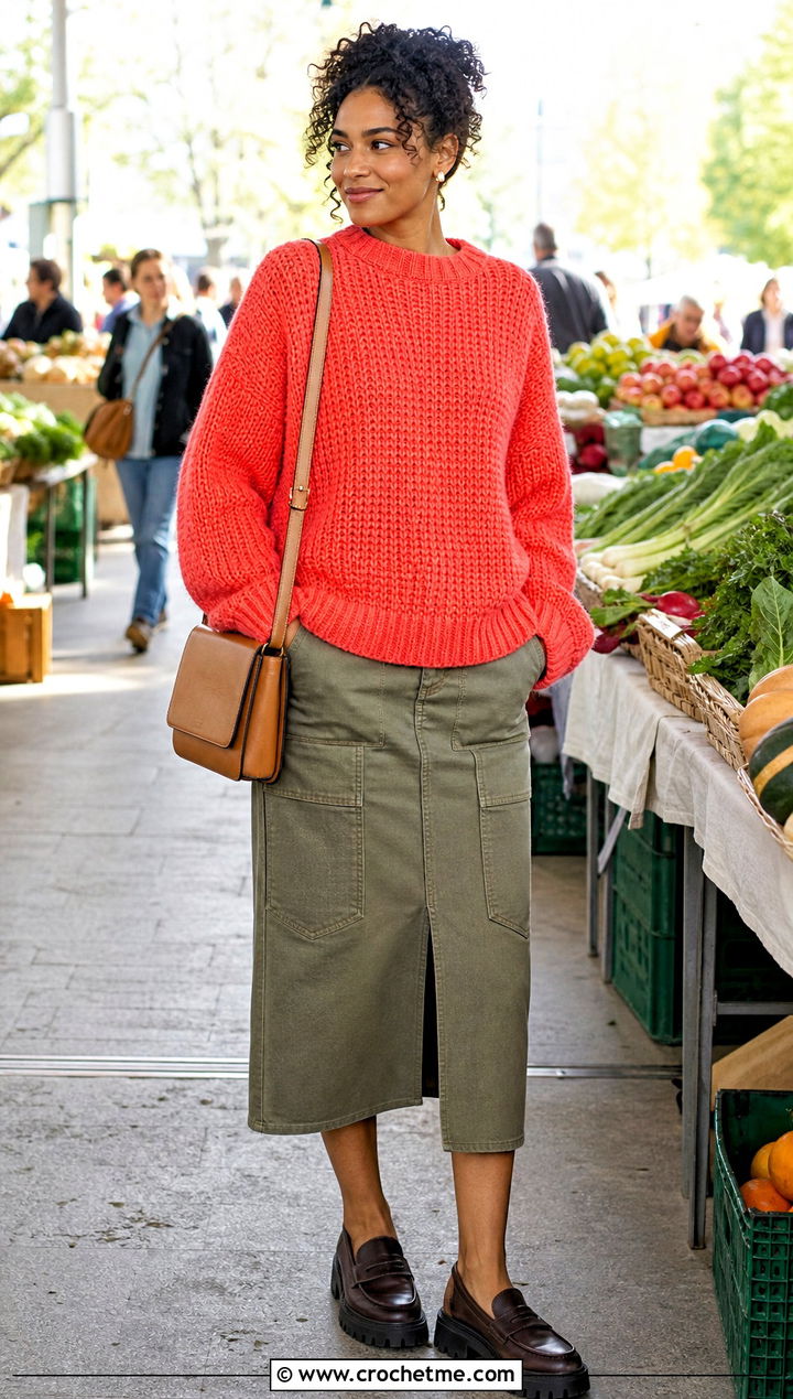 Tunisian Crochet Oversized Jumper With Utility Midi Skirt - 25 oversized crochet jumper outfit ideas