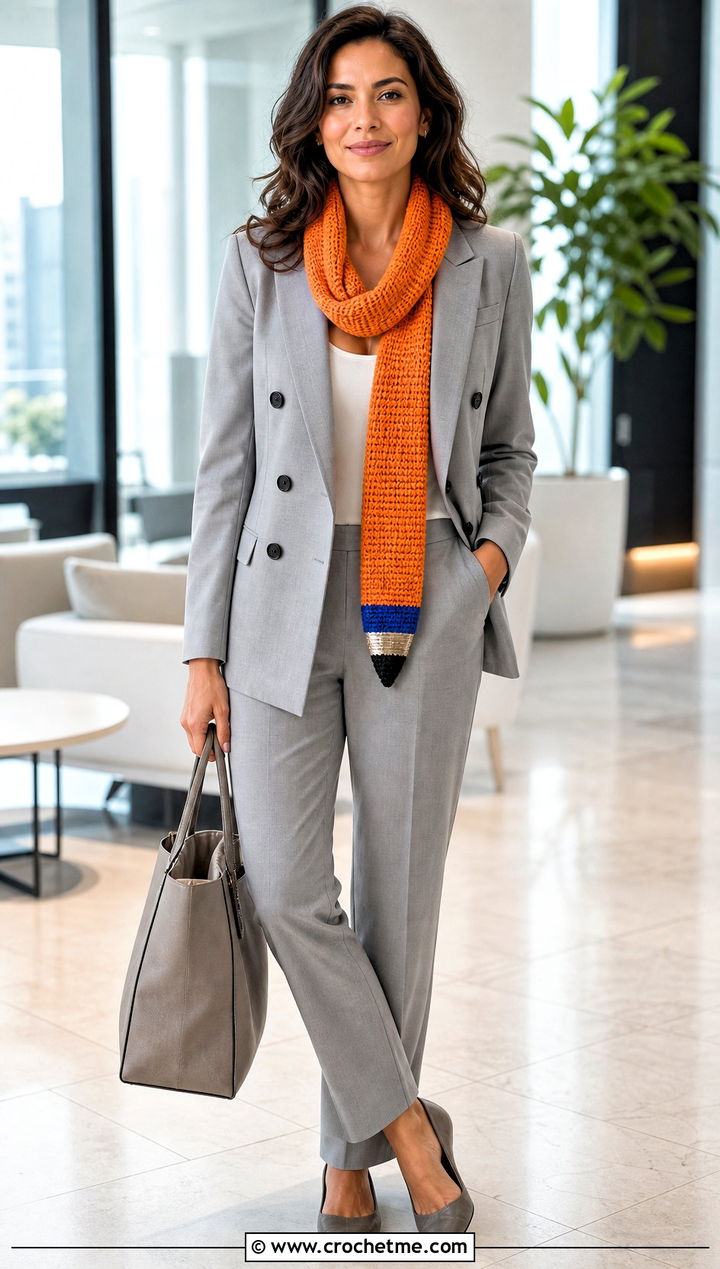 Tunisian Crochet Pencil Scarf With Pantsuit - 25 Crochet Pencil Scarf outfit ideas