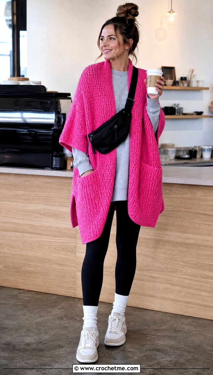 Tunisian Crochet Pocket Shawl With Leggings - 35 tunisian crochet shawl outfit ideas