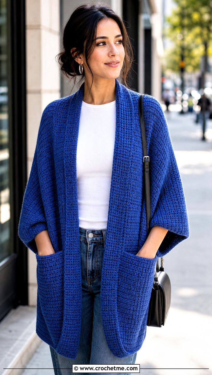 Tunisian Crochet Pocket Shawl With Straight Leg Jeans - 25 Crochet Pocket Scarf Shawl outfit ideas