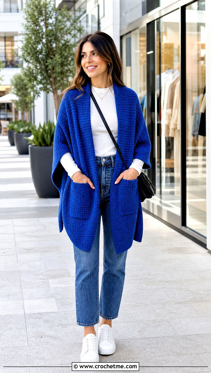 Tunisian Crochet Pocket Shawl With Straight Leg Jeans - 25 Easy Crochet Shawl With Pockets outfit ideas