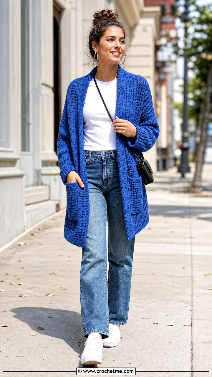 Tunisian Crochet Pocket Shawl With Straight Leg Jeans - 35 crochet pocket shawl outfit ideas