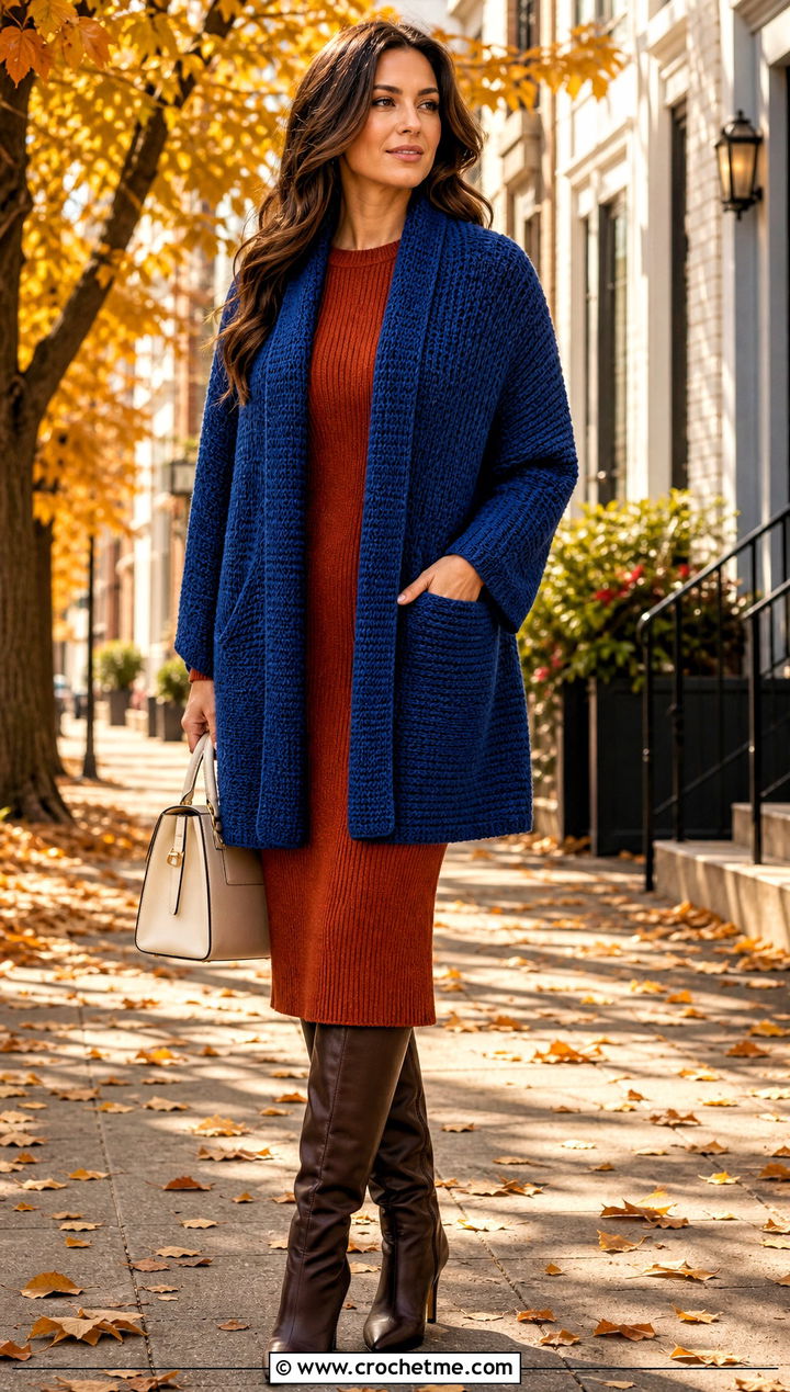 Tunisian Crochet Pocket Wrap With Knit Dress - 25 beautiful crochet shawls and wraps outfit ideas