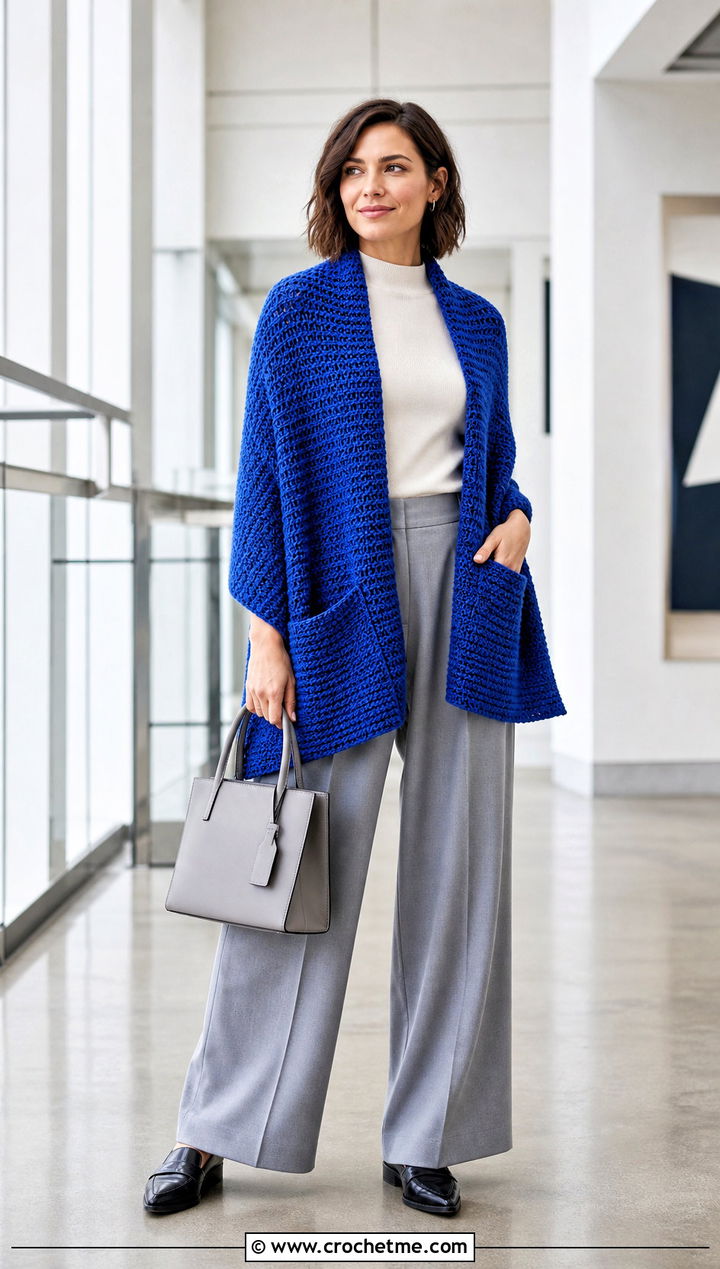 Tunisian Crochet Pocket Wrap With Wide Leg Trousers - 35 crochet wrap with pockets outfit ideas