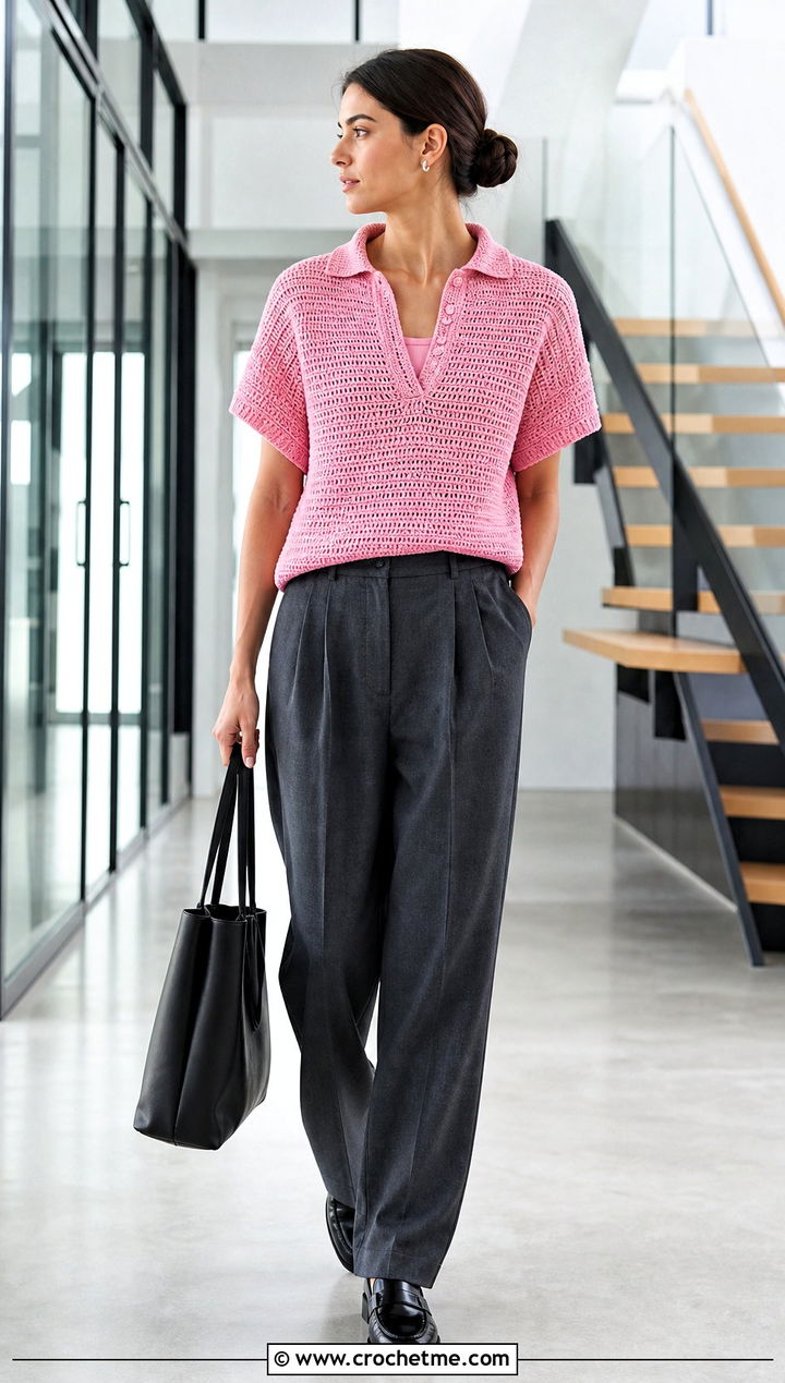 Tunisian Crochet Polo Shirt With Pleated Trousers - 20 Tunisian Crochet Shirt outfit ideas