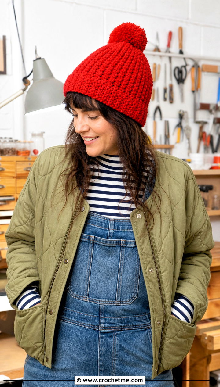 Tunisian Crochet Pom Pom Beanie With Overalls - 30 crochet beanie with pom pom outfit ideas