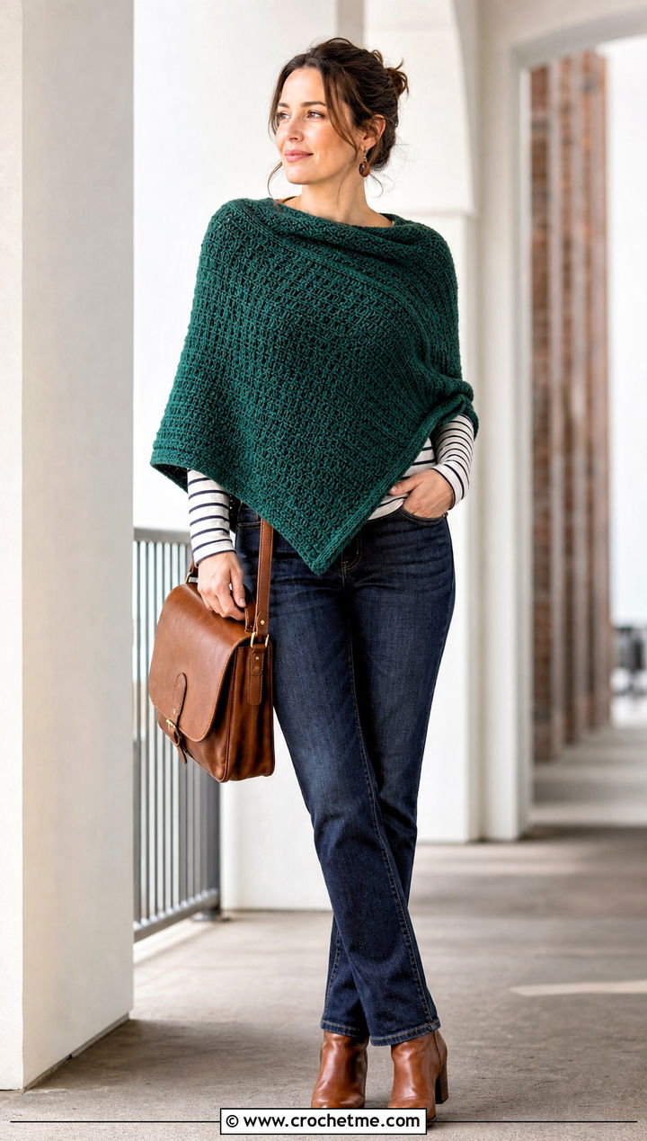 Tunisian Crochet Poncho Shawl With Dark Wash Jeans - 20 crochet poncho shawl outfit ideas