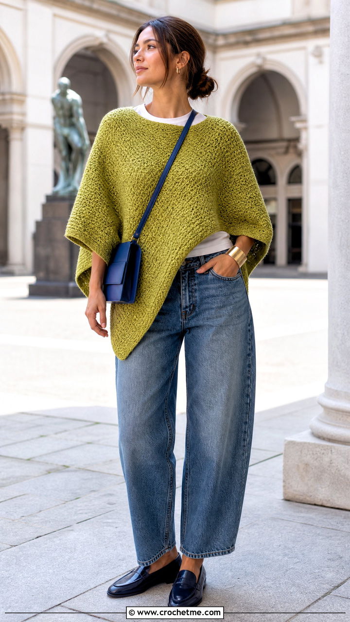 Tunisian Crochet Poncho With Barrel Leg Jeans - 35 crochet ponchos outfit ideas