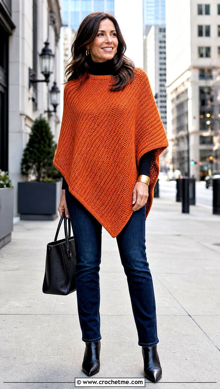 Tunisian Crochet Poncho With Dark Denim - 20 Easy Crochet Poncho For Beginners outfit ideas