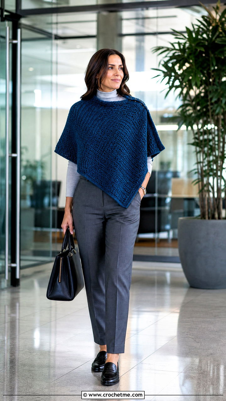 Tunisian Crochet Poncho With Office Trousers - 35 easy crochet poncho woman outfit ideas