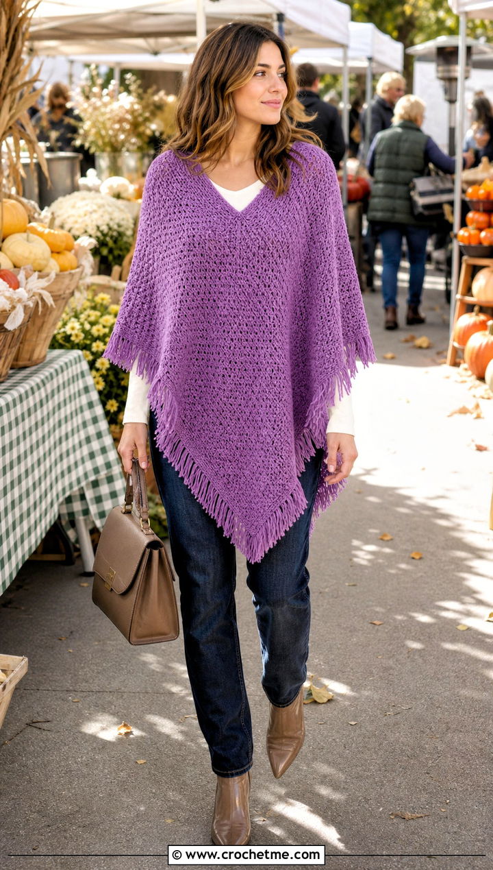 Tunisian Crochet Poncho With Straight Leg Jeans - 20 Tunisian Crochet Clothing and outfit ideas