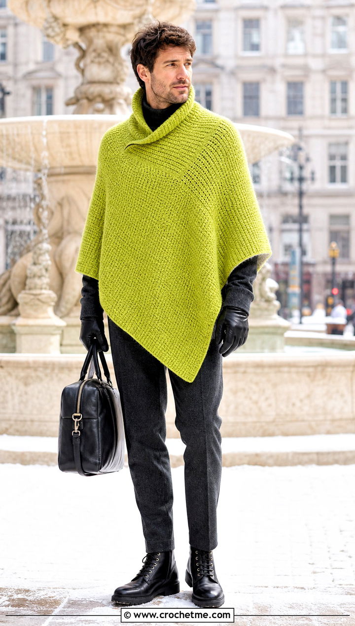Tunisian Crochet Poncho With Wool Trousers - 25 mens crochet poncho outfit ideas