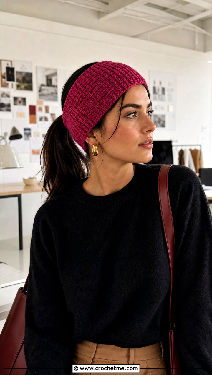 Tunisian Crochet Ponytail Headband With Tailored Trousers - 25 crochet headband with ponytail hole outfit ideas