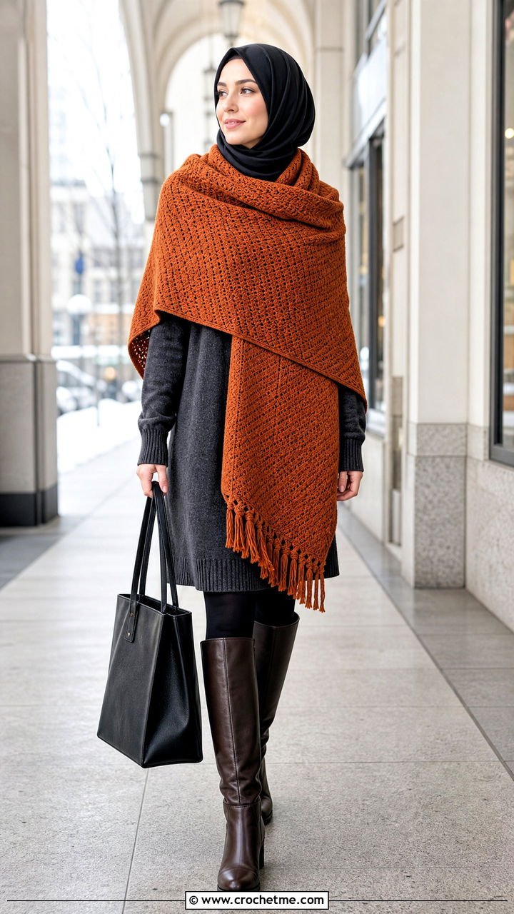 Tunisian Crochet Prayer Shawl With Sweater Dress And Knee Boots - 35 easy crochet prayer shawls outfit ideas