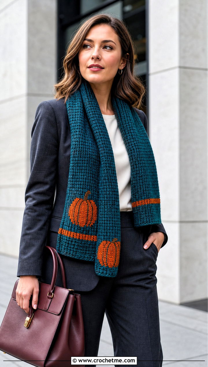 Tunisian Crochet Pumpkin Scarf With Tailored Suit - 15 crochet pumpkin scarf outfit ideas