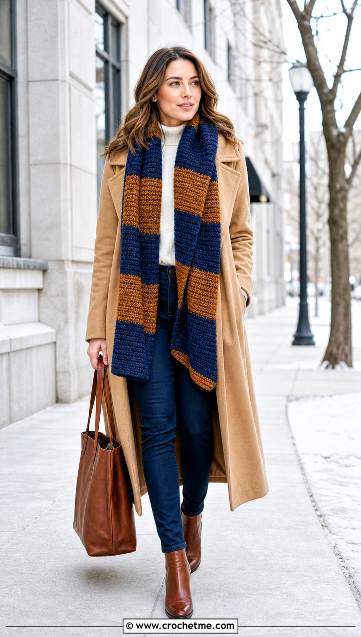 Tunisian Crochet Ravenclaw Scarf With Camel Coat - 35 crochet ravenclaw scarf outfit ideas