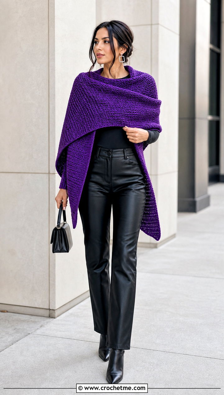 Tunisian Crochet Rectangle Shawl With Leather Pants - 35 Crochet Rectangle Shawl outfit ideas