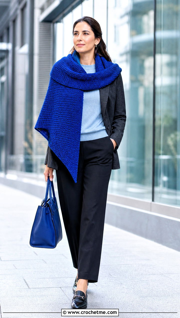 Tunisian Crochet Rectangle Wrap With Blazer - 20 Rectangle Crochet Wrap outfit ideas