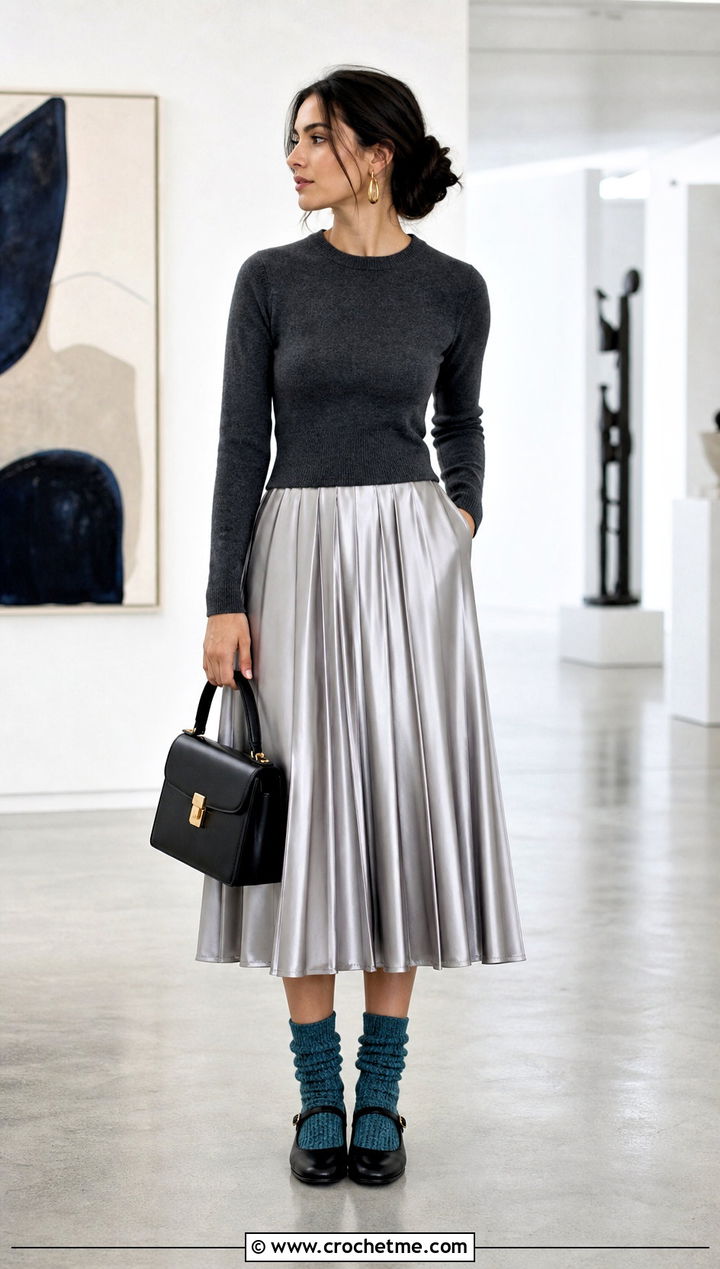 Tunisian Crochet Ribbed Socks With A Pleated Midi Skirt - 35 tunisian crochet socks outfit ideas