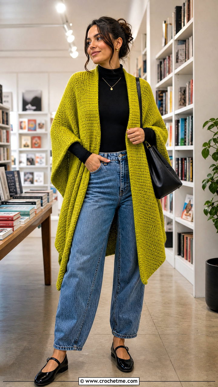 Tunisian Crochet Ruana With Barrel Jeans - 35 crochet ruana outfit ideas