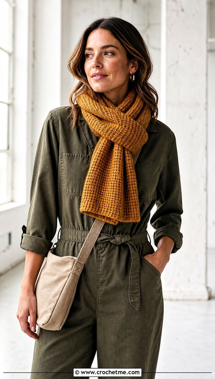 Tunisian Crochet Sally Scarf With Utility Jumpsuit - 20 Crochet Sally Scarf outfit ideas