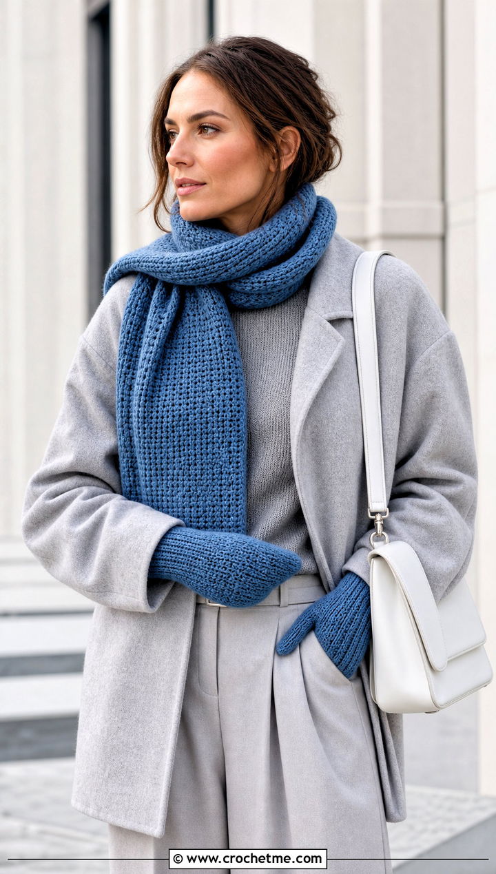 Tunisian Crochet Scarf And Fitted Mittens With Tonal Outfit - 15 Crochet Scarf And Mittens Set outfit ideas