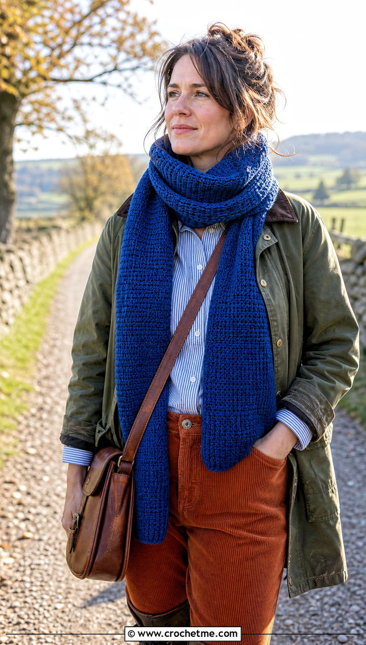 Tunisian Crochet Scarf With Barn Jacket And Corduroy Pants - 25 super crochet scarf outfit ideas