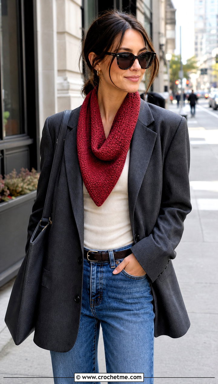Tunisian Crochet Scarf With Blazer And Jeans - 25 crochet for scarfs outfit ideas