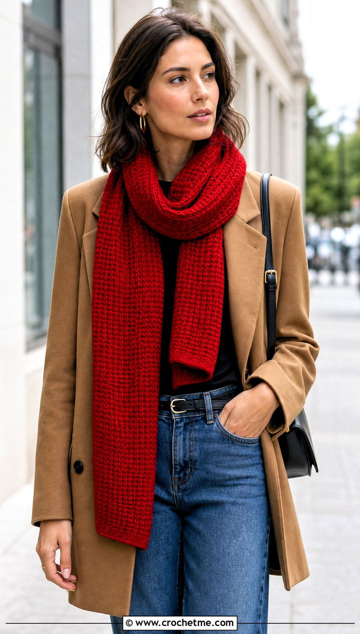 Tunisian Crochet Scarf With Blazer And Jeans - 30 unique crochet scarf outfit ideas