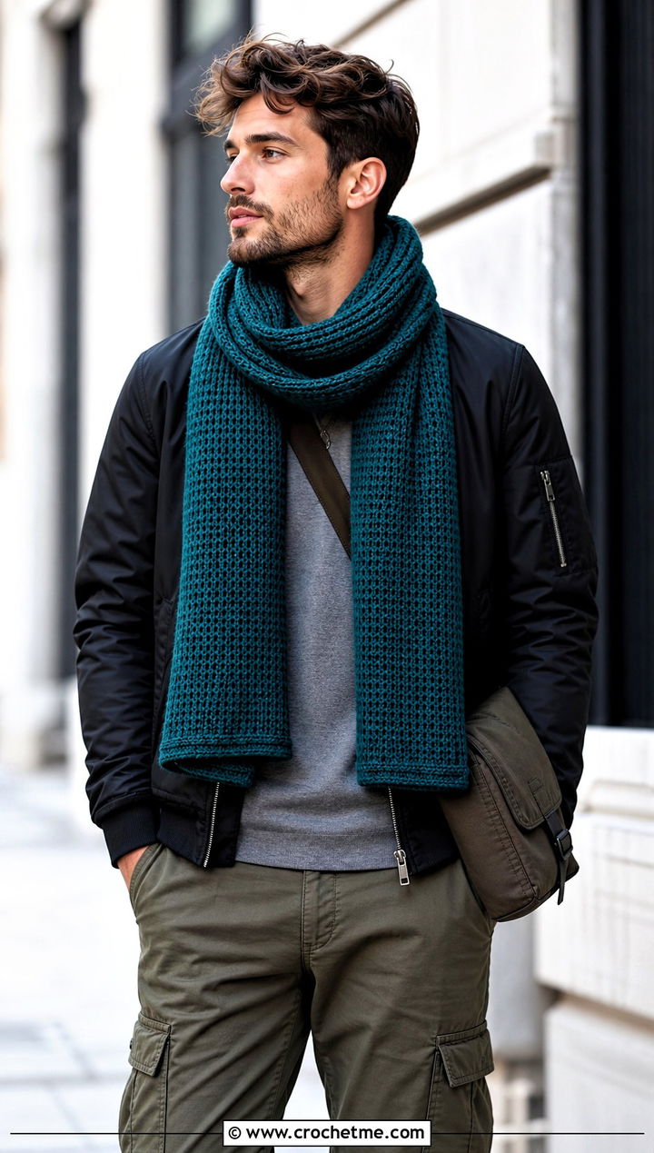 Tunisian Crochet Scarf With Bomber Jacket - 30 male crochet scarf outfit ideas