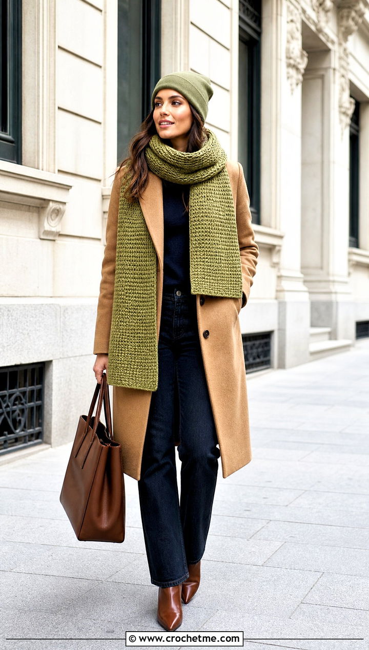 Tunisian Crochet Scarf With Camel Coat and Straight Jeans - 35 Winter Crochet Scarf outfit ideas