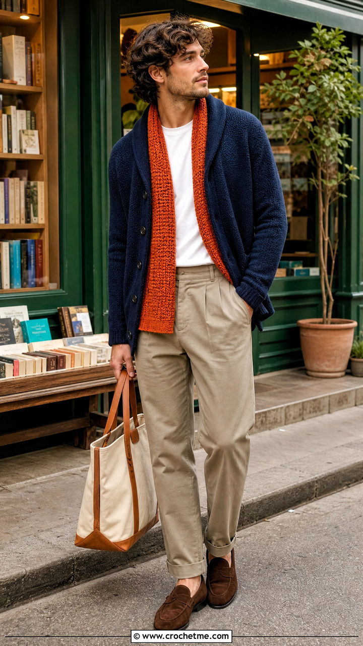 Tunisian Crochet Scarf With Cardigan - 35 men's crochet scarf outfit ideas