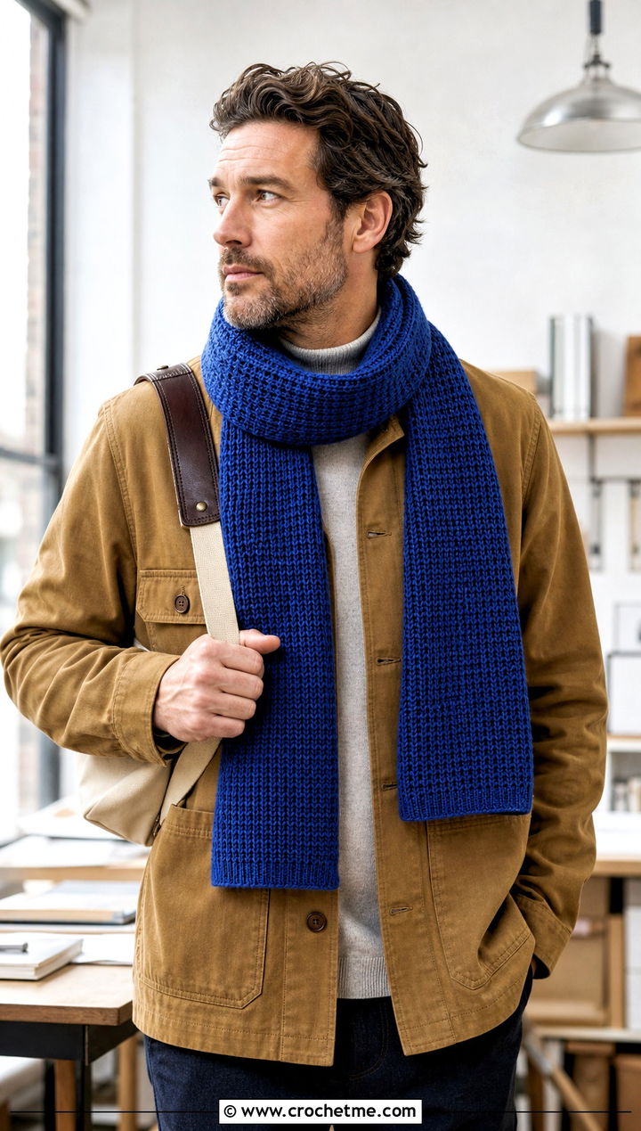 Tunisian Crochet Scarf With Chore Coat - 20 men's crocheted scarf outfit ideas
