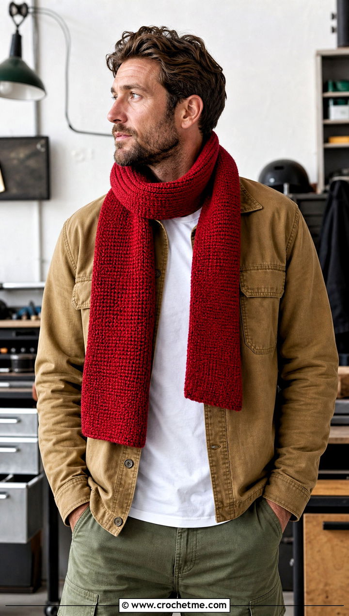 Tunisian Crochet Scarf With Chore Jacket - 30 Mens Crochet Scarf outfit ideas