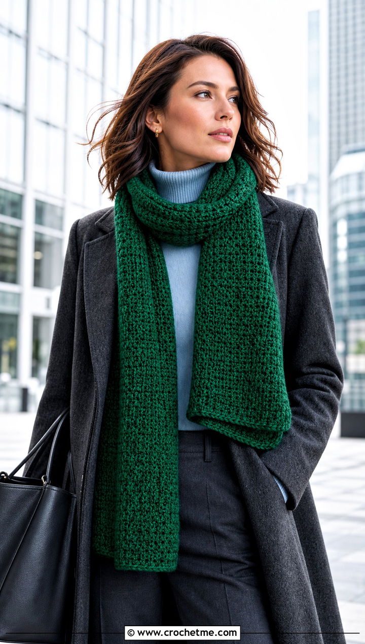 Tunisian Crochet Scarf With Coat And Tailored Pants - 25 Quick And Easy Crochet Scarf outfit ideas