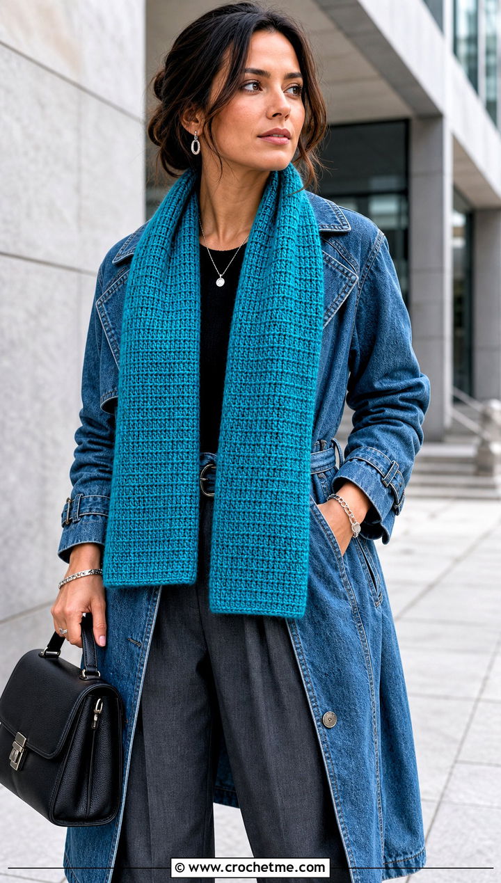Tunisian Crochet Scarf With Denim Trench Coat - 25 denim and crochet scarf outfit ideas