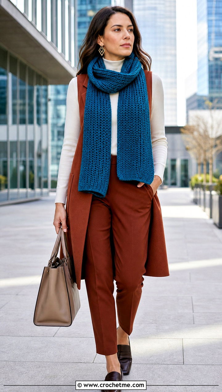 Tunisian Crochet Scarf With Longline Vest - 35 cute crochet scarf outfit ideas
