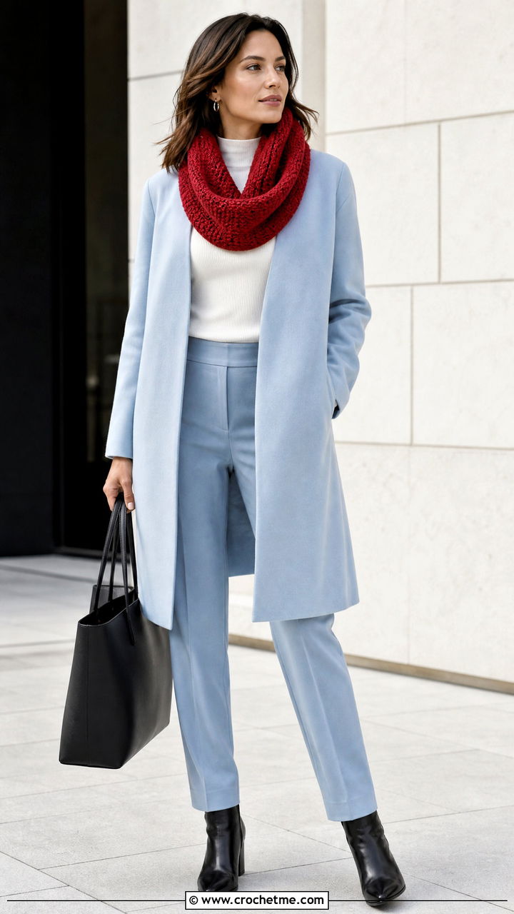 Tunisian Crochet Scarf With Minimalist Coat - 35 easy crochet scarf outfit ideas