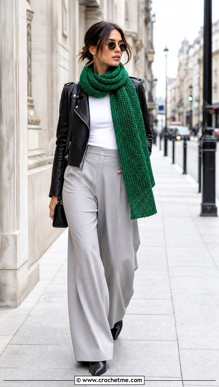 Tunisian Crochet Scarf With Moto Jacket And Wide Leg Pants - 35 easy crochet scarf for beginners outfit ideas