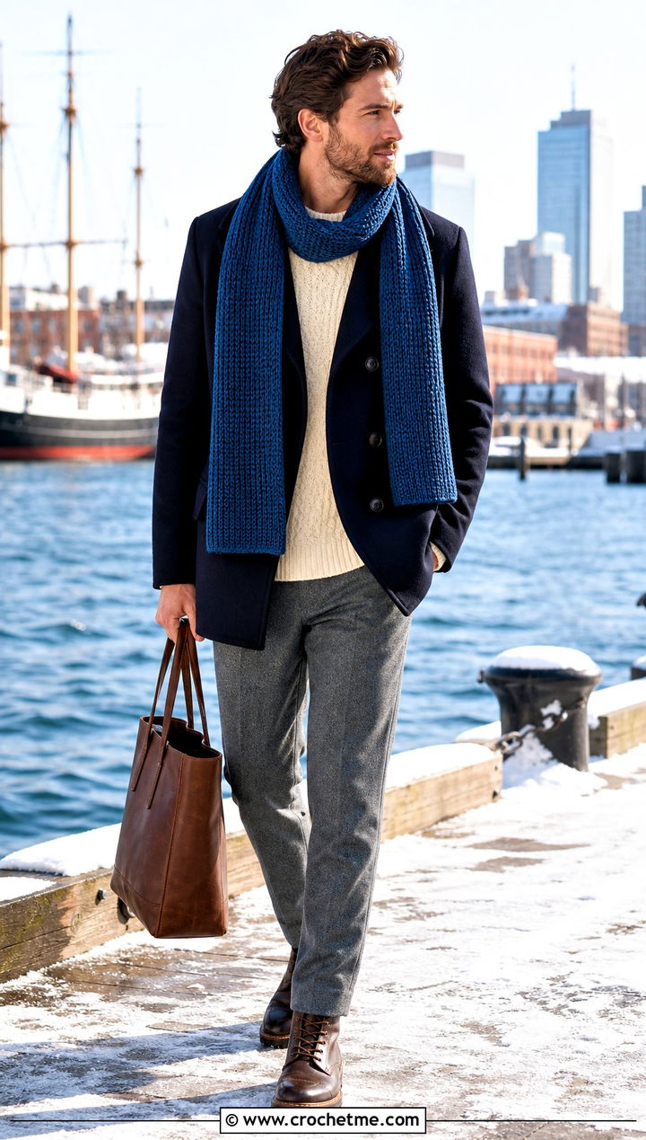 Tunisian Crochet Scarf With Peacoat - 35 men crochet scarf outfit ideas