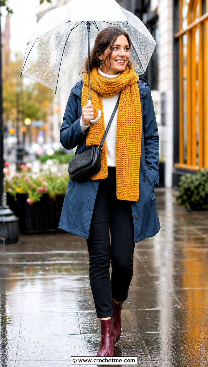 Tunisian Crochet Scarf With Raincoat And Ankle Pants - 20 Elegant Crochet Scarf outfit ideas