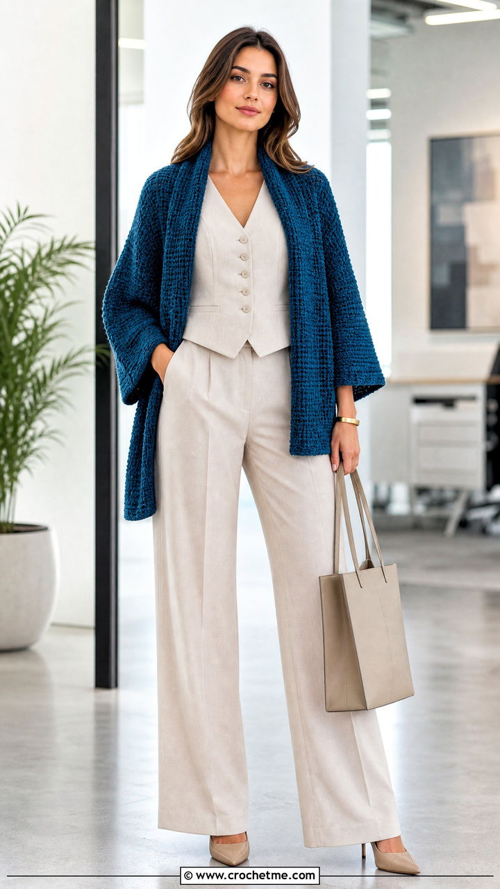 Tunisian Crochet Scarf With Sleeves And Trouser Suit - 35 crochet scarf with sleeves outfit ideas