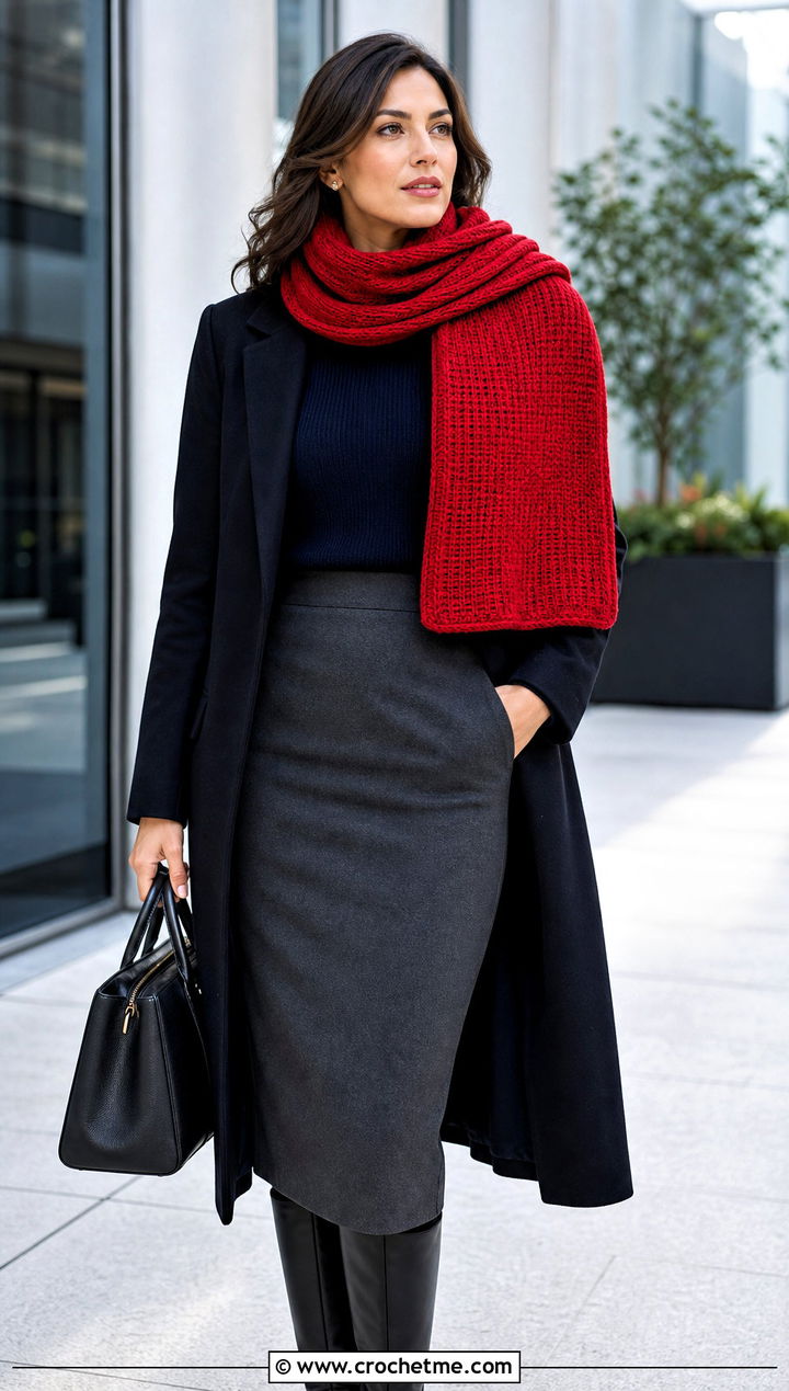 Tunisian Crochet Scarf With Sweater And Pencil Skirt - 25 pretty crochet scarf outfit ideas