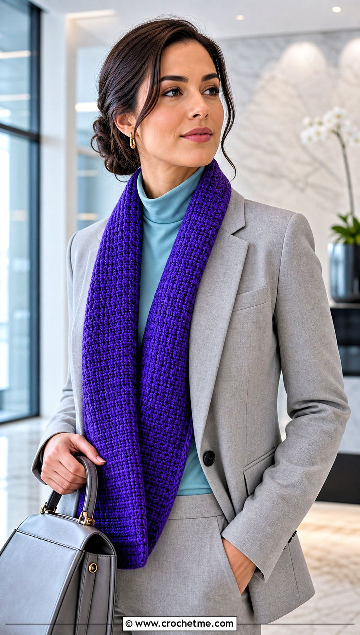 Tunisian Crochet Scarf With Tailored Suit - 15 Winter Crochet Scarf Design outfit ideas